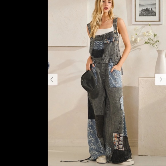 New:Oli & Hali Relaxed Fit Mixed Fabric Print Patchwork Wide Leg Overalls•Large - Picture 5 of 8